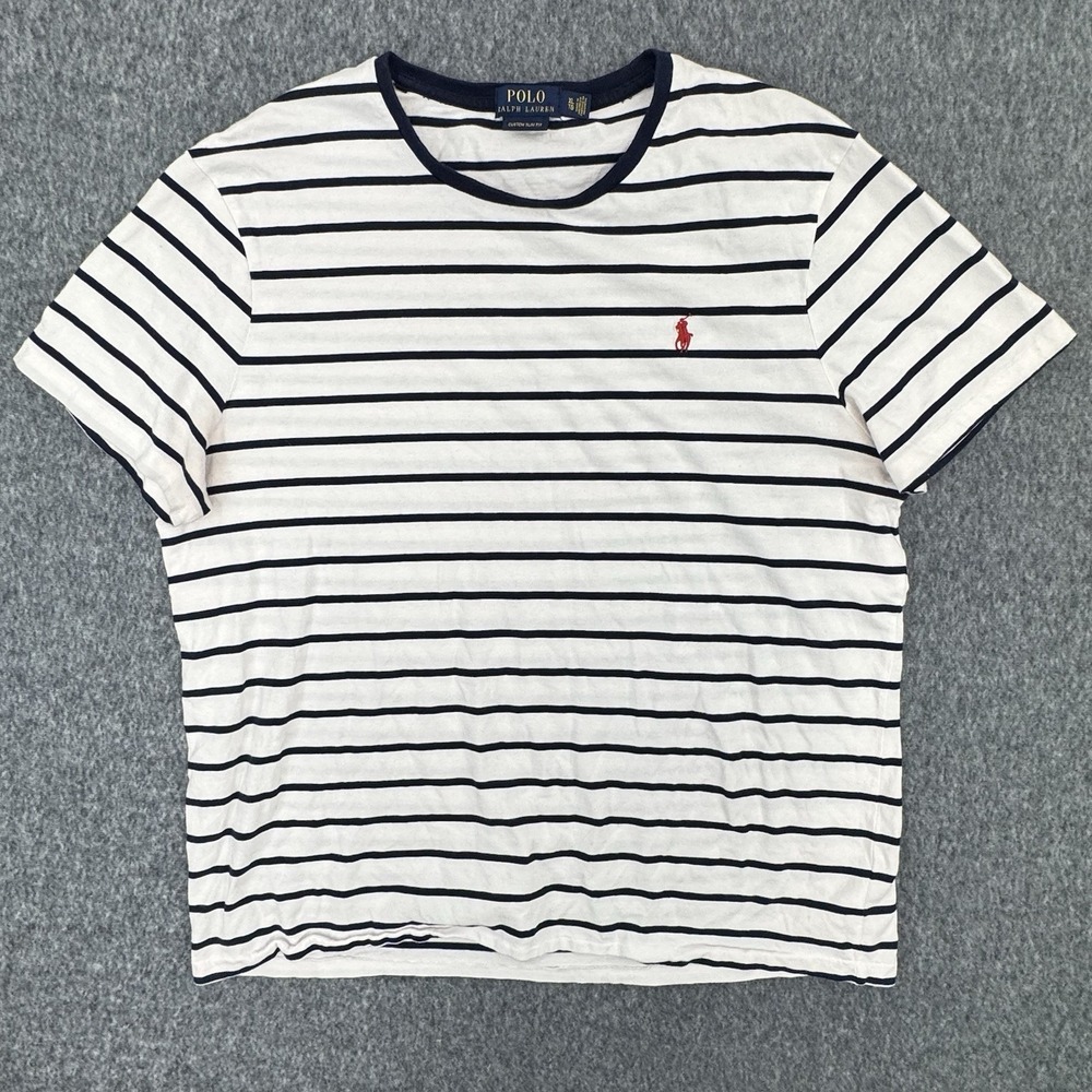 Polo Ralph Lauren Custom Slim Fit Striped Tee White Navy Red Pony Men XL Classic
